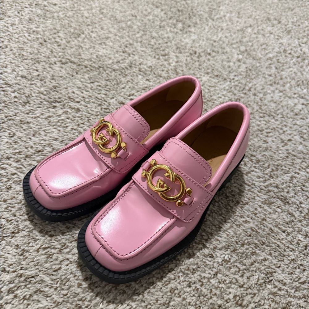 Gucci Pink Loafers with Gold Accents